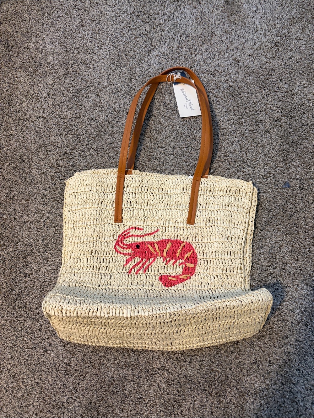 Straw Tote Bag with Pink Embroidered Shrimp and Tan Handles
